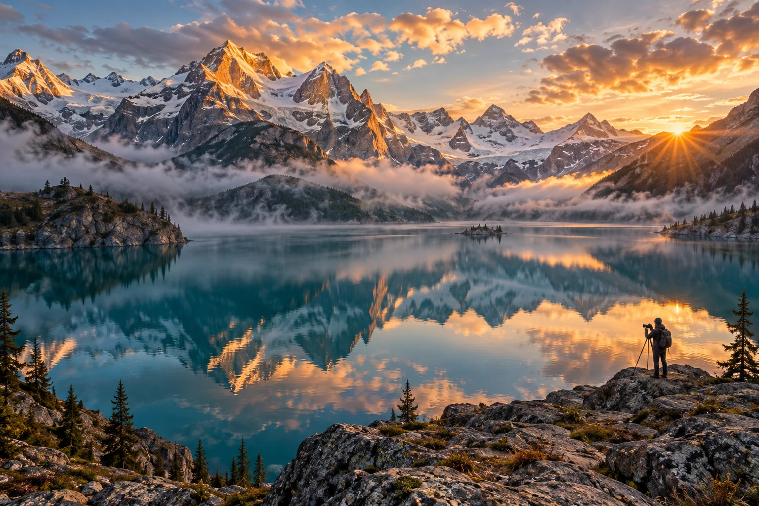 Photographer overlooking a still mountain lake at dawn