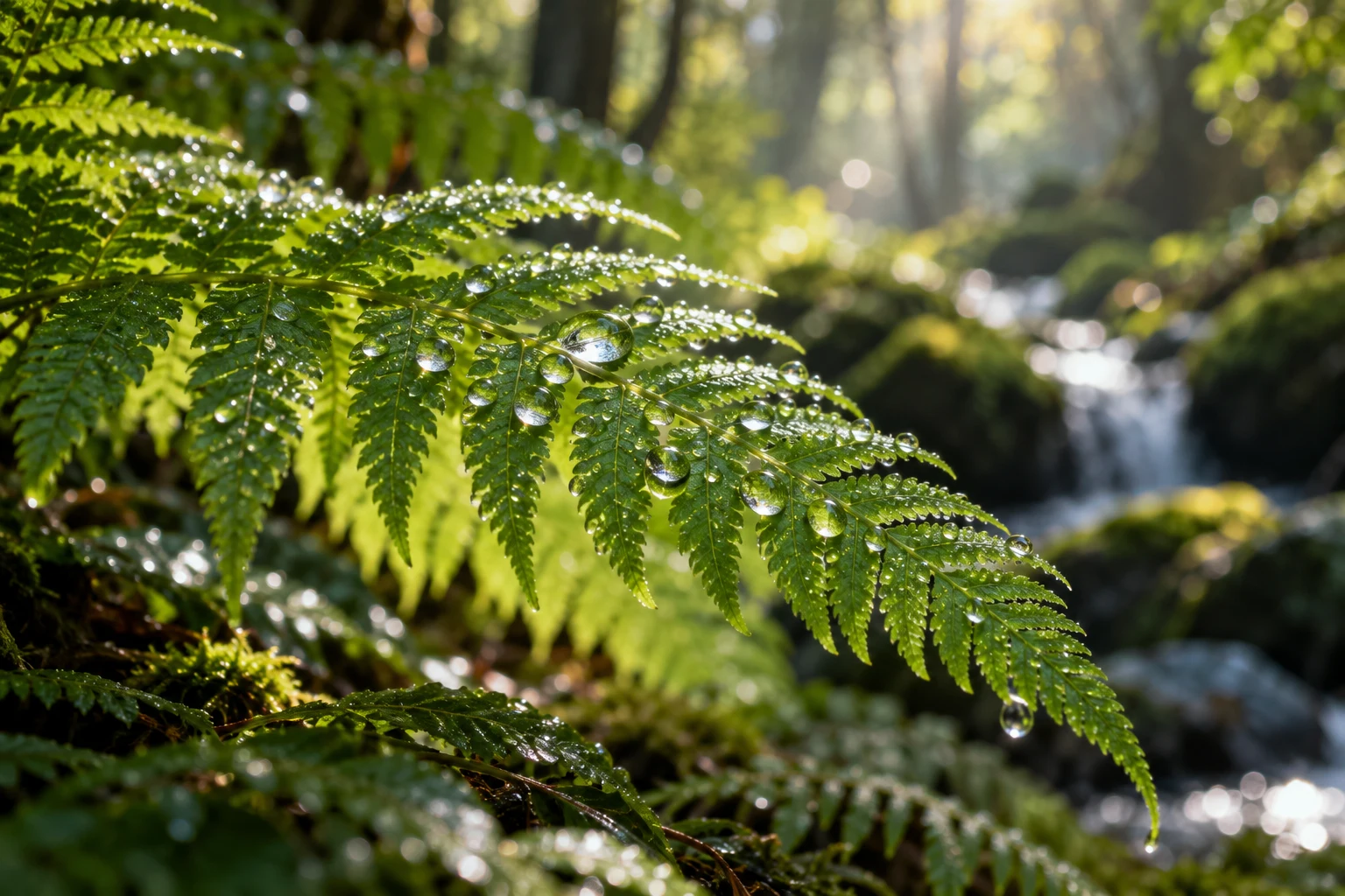 Dew-covered fern in close-up, illustrating nature and macro photography