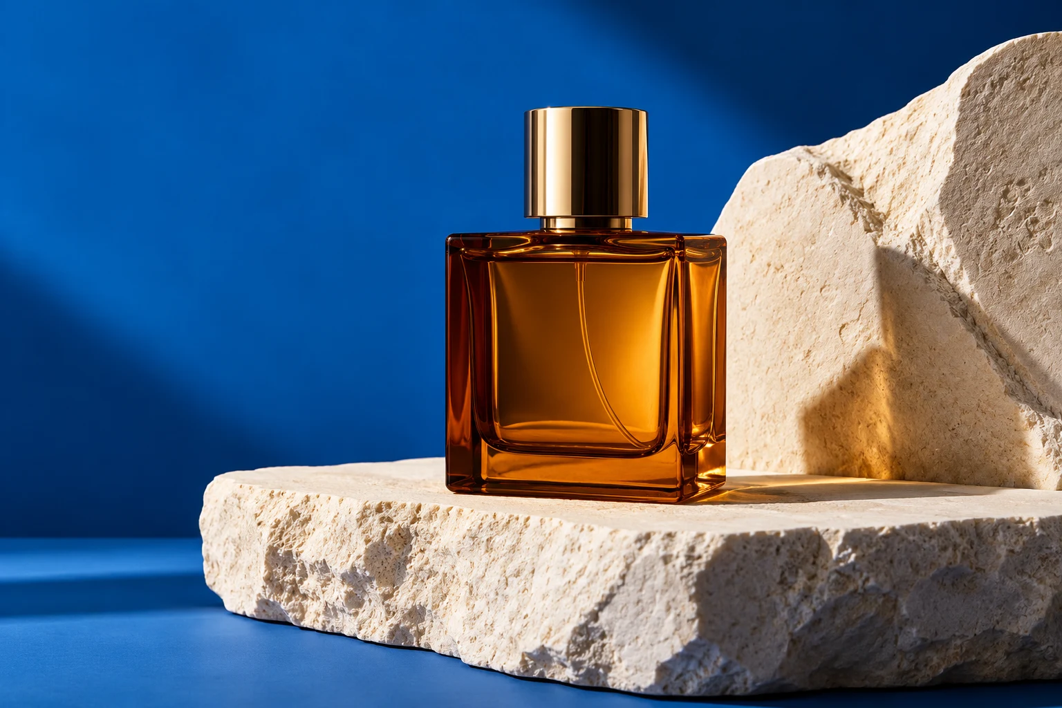Amber perfume bottle photographed on stone against a blue backdrop, illustrating commercial product photography